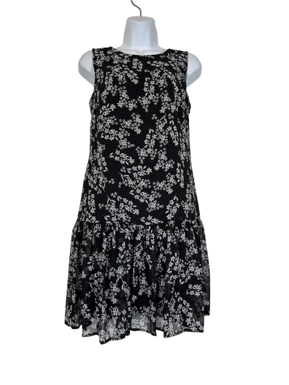 Calvin Klein Black & White Floral Sleeveless Ruffle Hem Drop Waist Dress Size 8